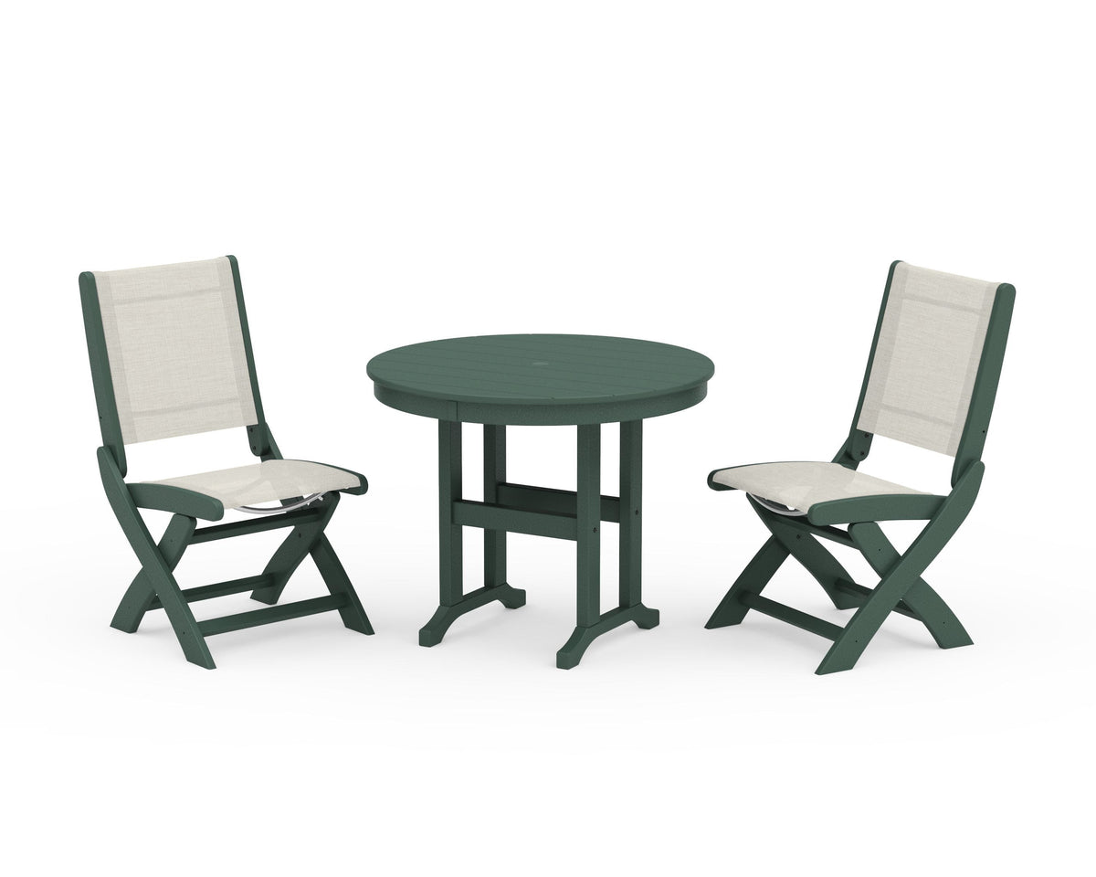 POLYWOOD Coastal Folding Side Chair 3-Piece Round Dining Set in Green / Parchment
