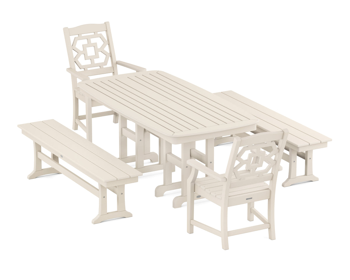 POLYWOOD Chinoiserie 5-Piece Dining Set with Benches in Sand