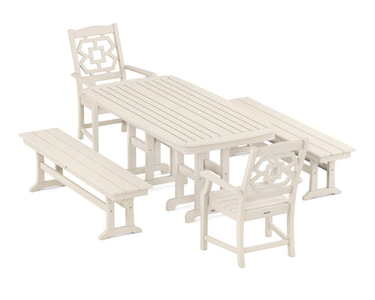POLYWOOD Chinoiserie 5-Piece Dining Set with Benches in Sand