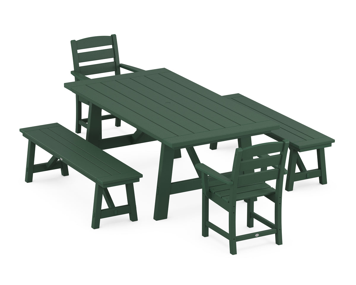 POLYWOOD Lakeside 5-Piece Rustic Farmhouse Dining Set with Benches in Green