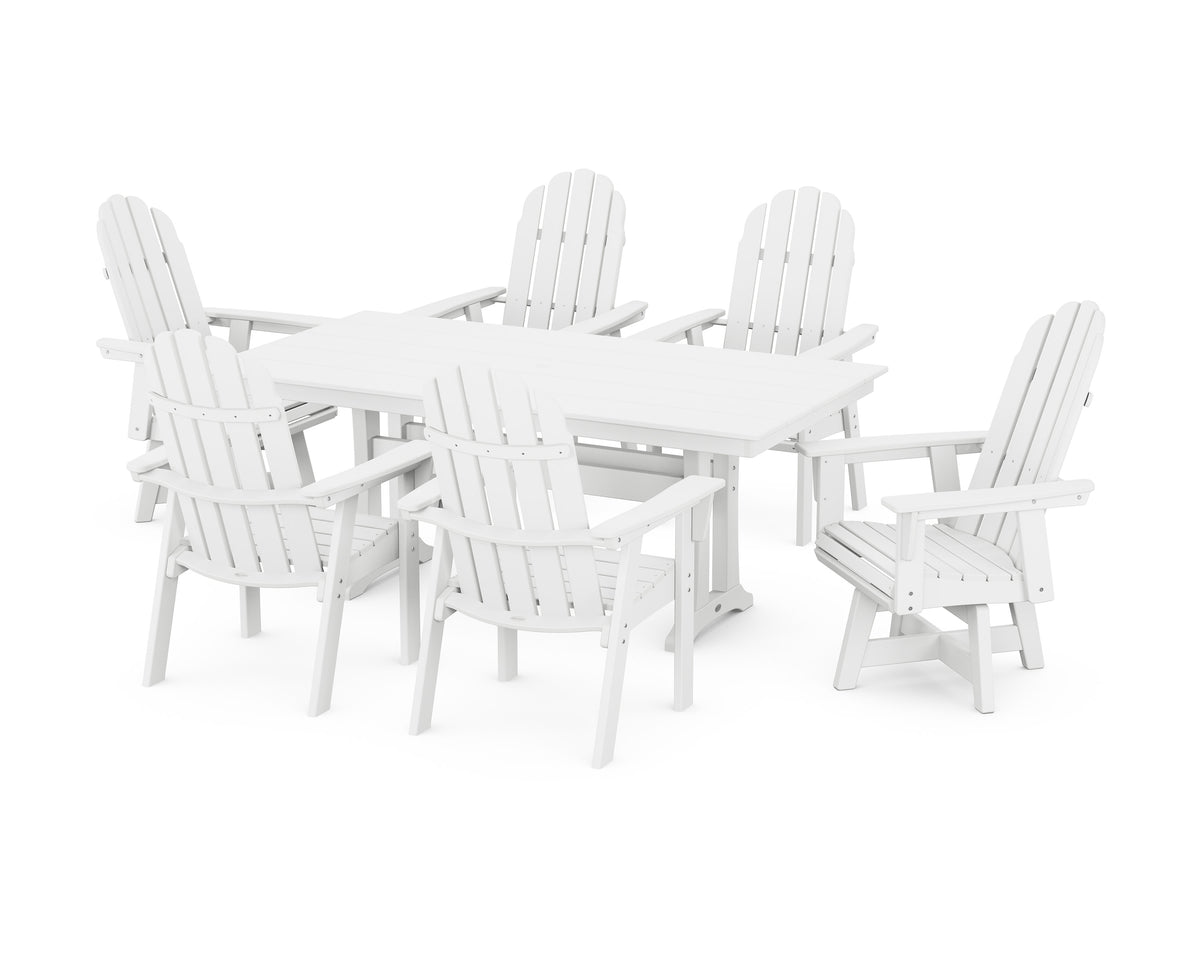 POLYWOOD Vineyard Curveback Adirondack Swivel Chair 7-Piece Farmhouse Dining Set with Trestle Legs in White