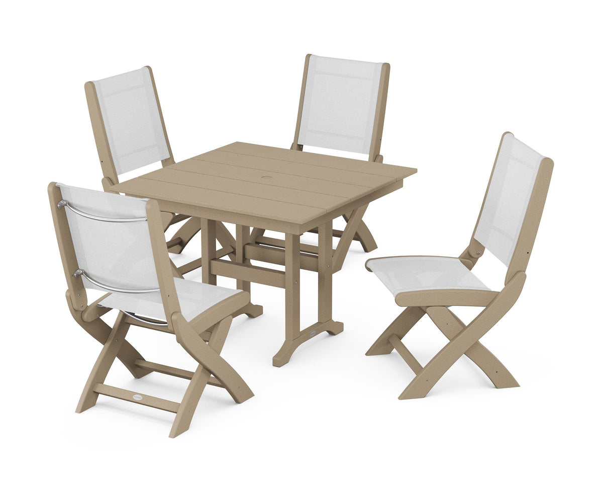 POLYWOOD Coastal Folding Side Chair 5-Piece Farmhouse Dining Set in Vintage Sahara / White