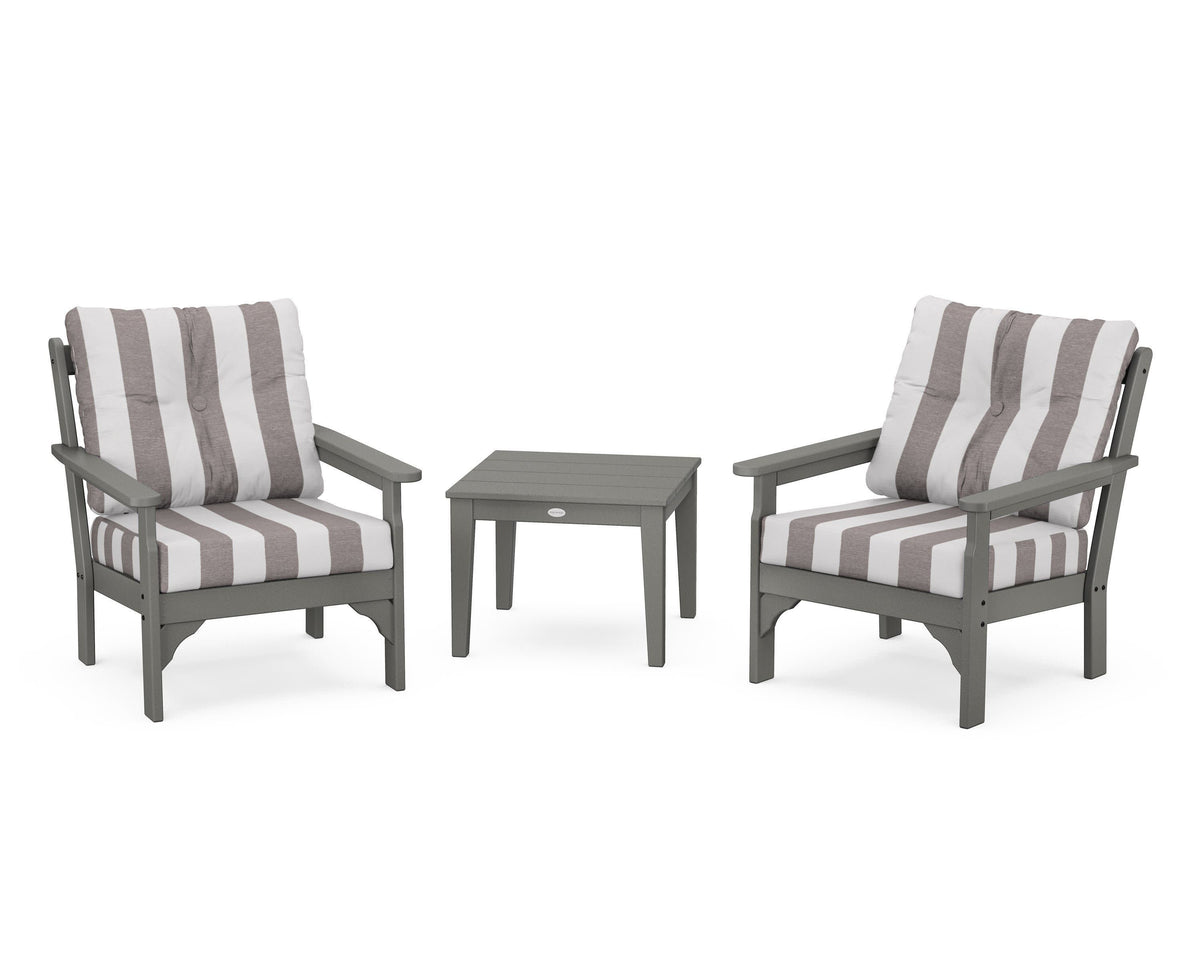 POLYWOOD Vineyard 3-Piece Deep Seating Set in Slate Grey / Cabana Stripe Grey Mist