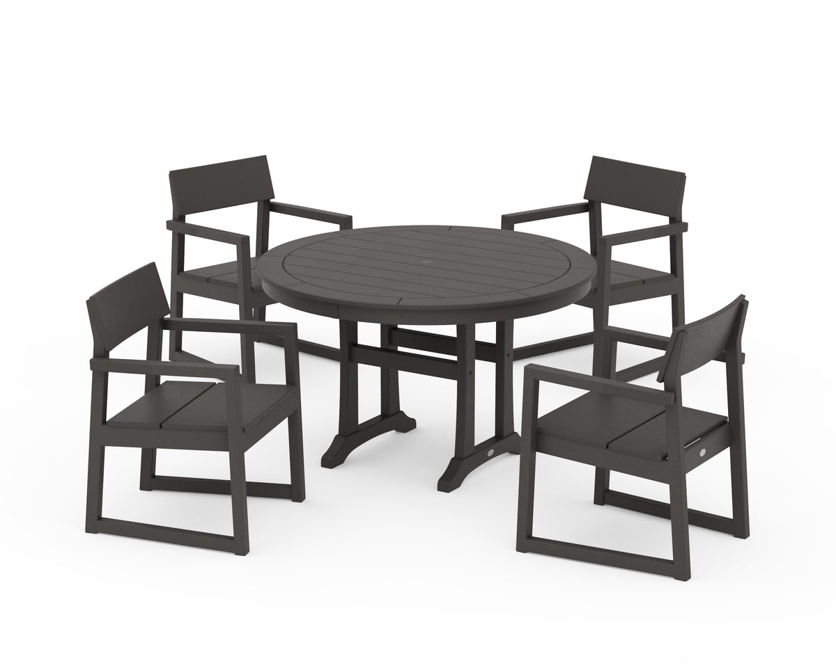 POLYWOOD EDGE 5-Piece Round Dining Set with Trestle Legs in Vintage Coffee