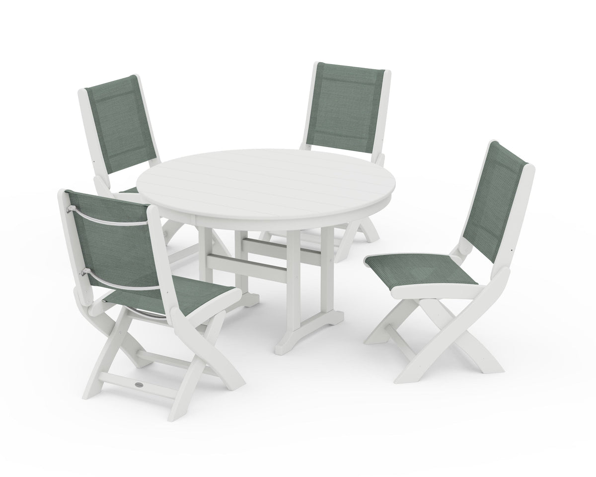 POLYWOOD Coastal Folding Side Chair 5-Piece Round Dining Set in Vintage White / Dupioni Sea Mist