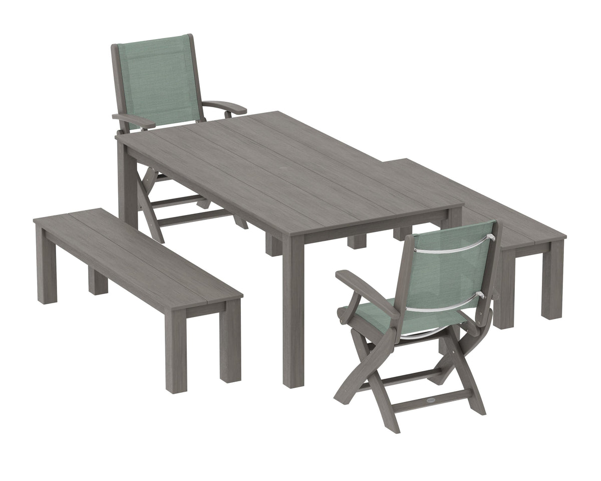 POLYWOOD Coastal Folding Chair 5-Piece Parsons Dining Set with Benches in Driftwood / Dupioni Sea Mist