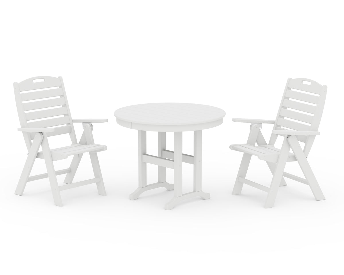 POLYWOOD Nautical Folding Highback Chair 3-Piece Round Dining Set in White
