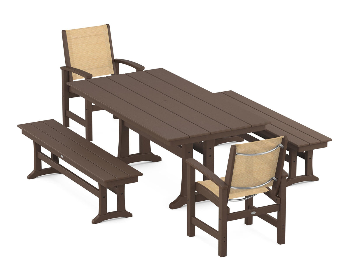 POLYWOOD Coastal 5-Piece Farmhouse Dining Set with Trestle Legs and Benches in Mahogany / Dupioni Apricot