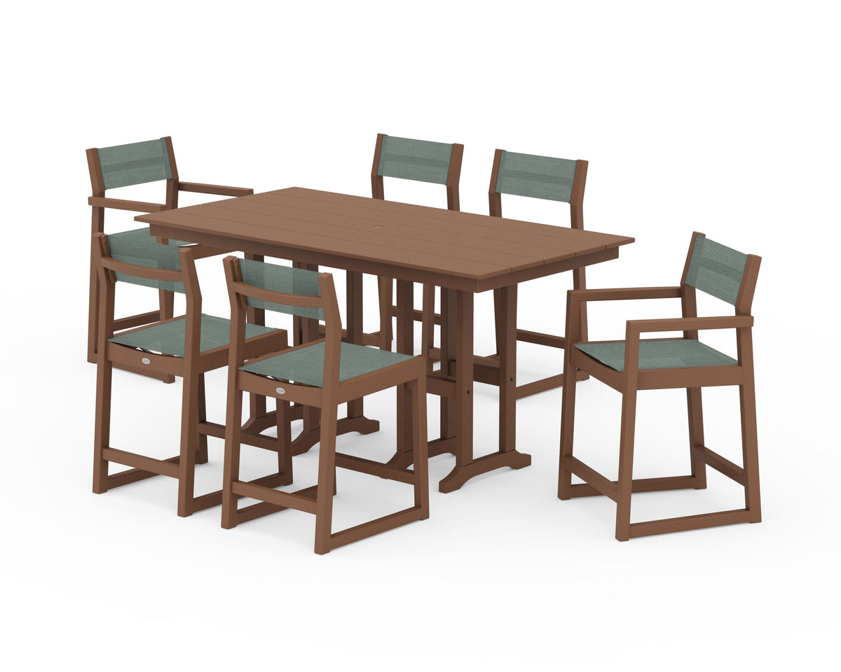 POLYWOOD EDGE Sling 7-Piece Farmhouse Counter Set with Trestle Legs in Teak / Dupioni Sea Mist
