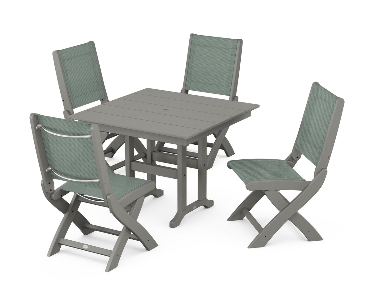 POLYWOOD Coastal Folding Side Chair 5-Piece Farmhouse Dining Set in Slate Grey / Dupioni Sea Mist