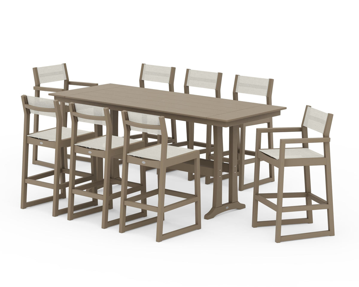POLYWOOD EDGE Sling 9-Piece Farmhouse Bar Set with Trestle Legs in Vintage Sahara / Parchment