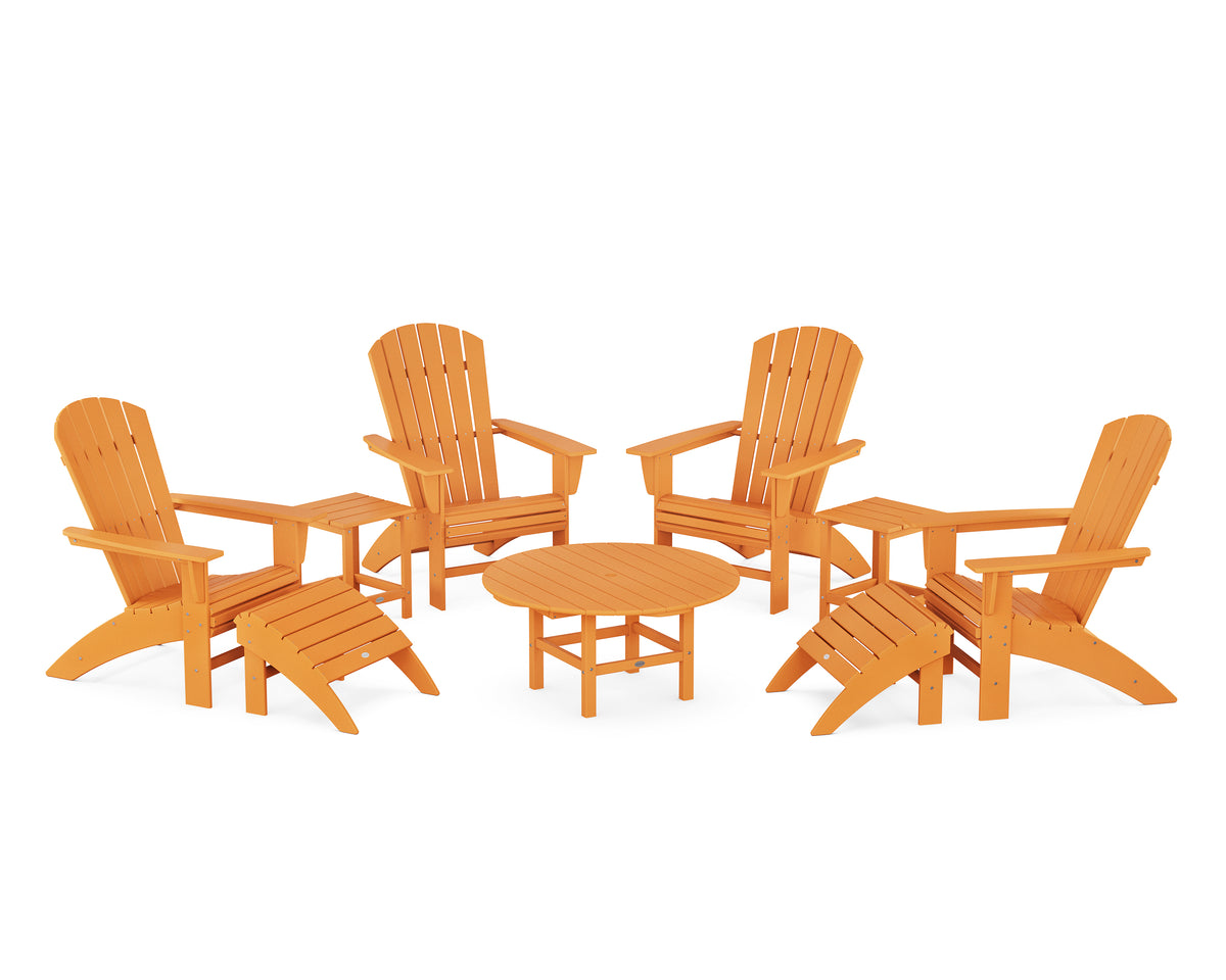 POLYWOOD Nautical Curveback Adirondack Chair 9-Piece Conversation Set in Tangerine