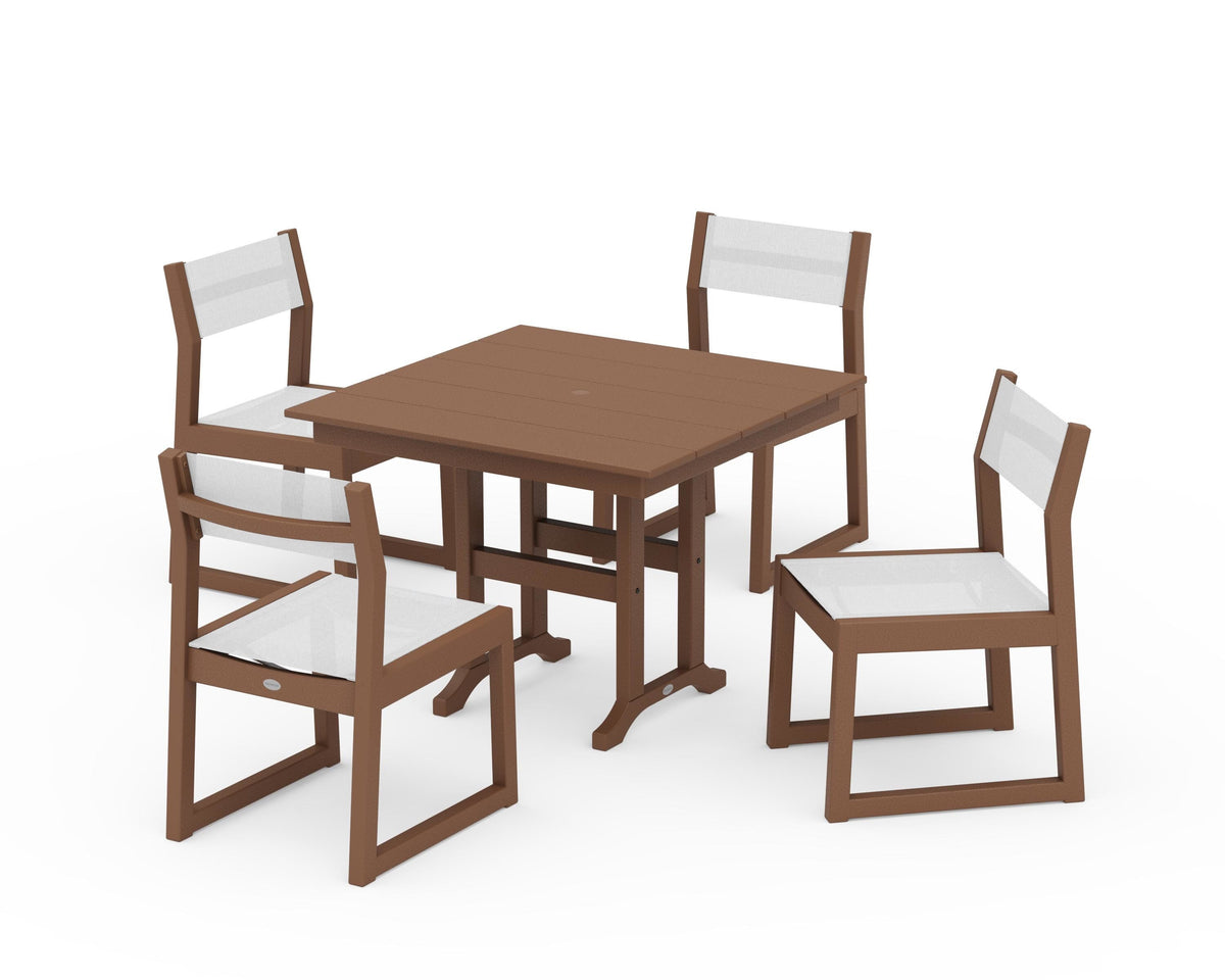 POLYWOOD EDGE Sling Side Chair 5-Piece Farmhouse Dining Set in Teak / White