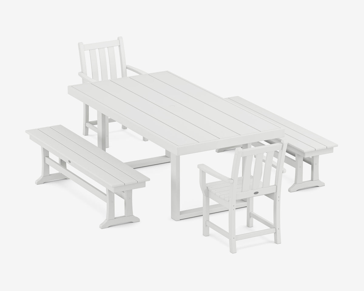 POLYWOOD Traditional Garden 5-Piece Dining Set with Benches - 39" x 78" Table in White