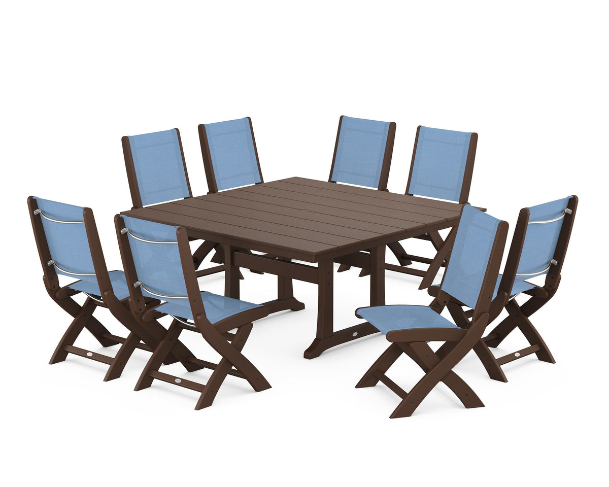 POLYWOOD Coastal Folding Side Chair 9-Piece Farmhouse Dining Set in Mahogany / Poolside
