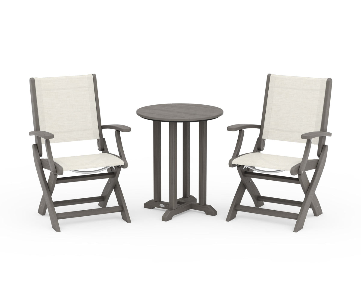POLYWOOD Coastal Folding 3-Piece Round Bistro Dining Set in Driftwood / Parchment
