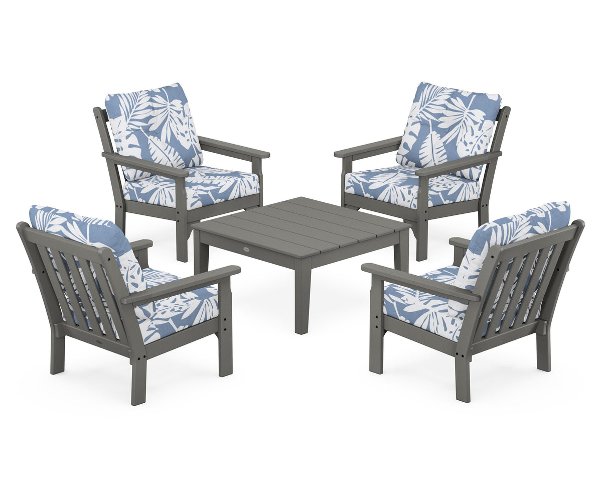 POLYWOOD Vineyard 5-Piece Deep Seating Conversation Set in Slate Grey / Leaf Sky Blue