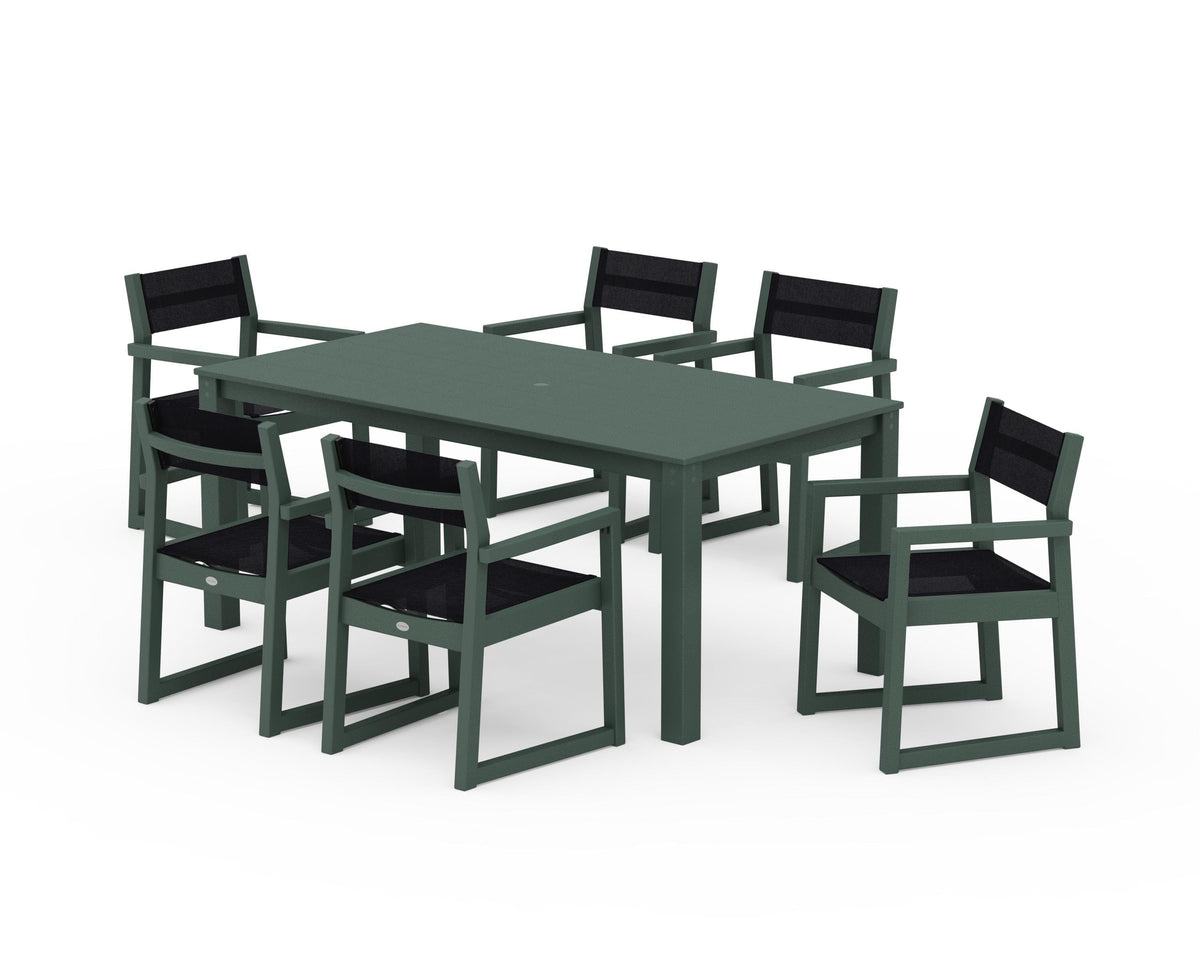 POLYWOOD EDGE Sling Arm Chair 7-Piece Parsons Dining Set in Green / Black