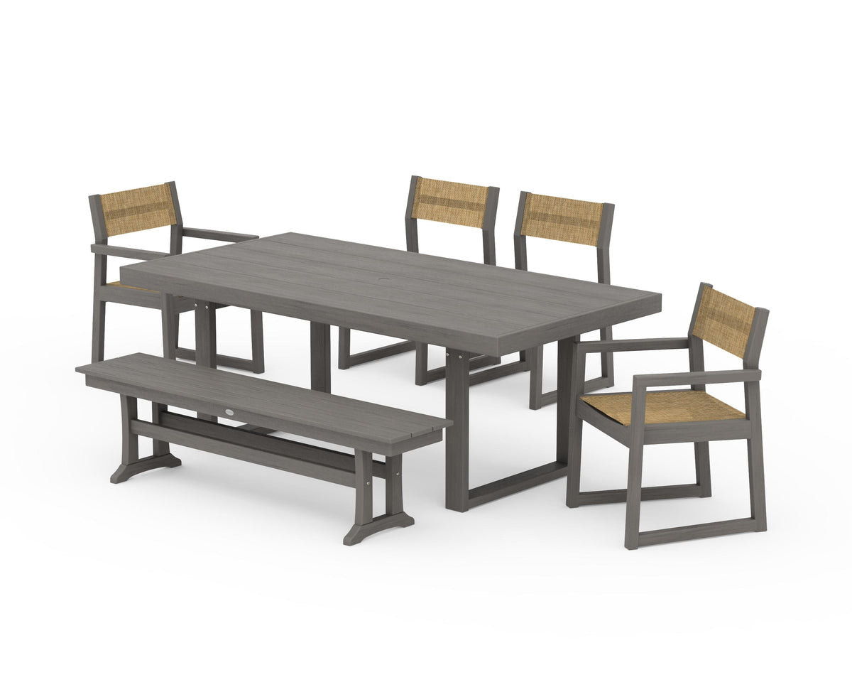 POLYWOOD EDGE Sling 6-Piece Dining Set with Bench in Driftwood / Burlap