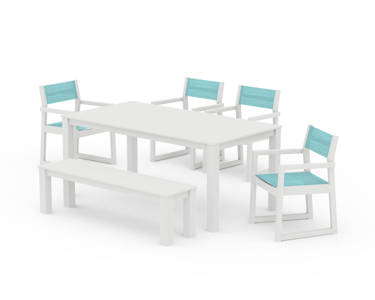 POLYWOOD EDGE Sling Arm Chair 6-Piece Parsons Dining Set with Bench in Vintage White / Dupioni Aquamarine