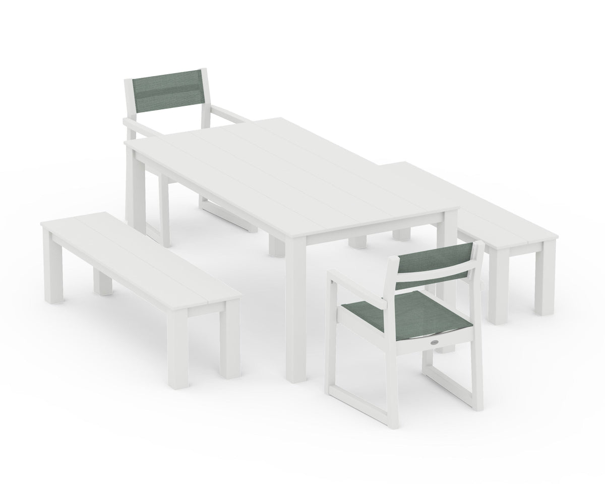 POLYWOOD EDGE Sling Arm Chair 5-Piece Parsons Dining Set with Benches in Vintage White / Dupioni Sea Mist