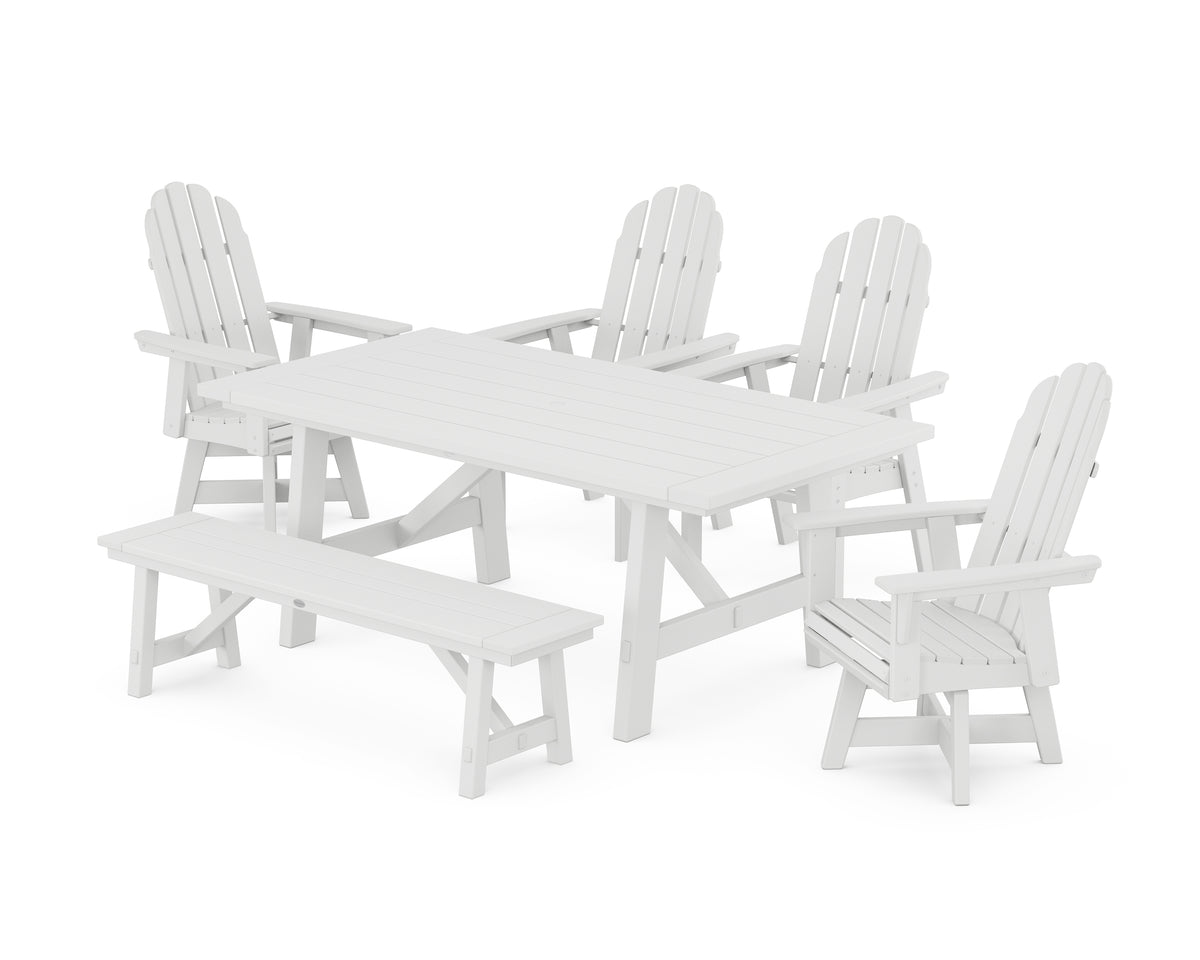 POLYWOOD Vineyard Curveback Adirondack Swivel Chair 6-Piece Rustic Farmhouse Dining Set with Bench in White