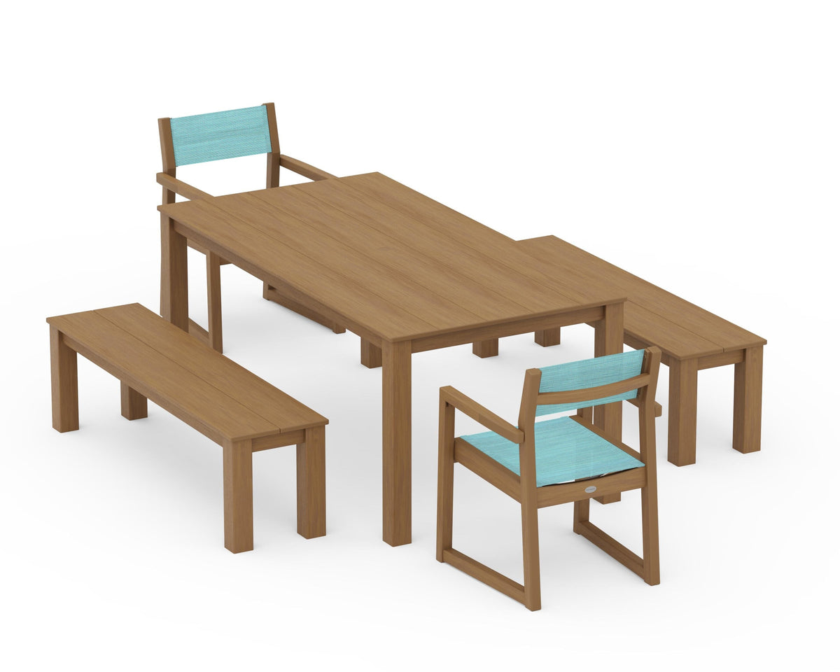 POLYWOOD EDGE Sling Arm Chair 5-Piece Parsons Dining Set with Benches in Natural / Dupioni Aquamarine