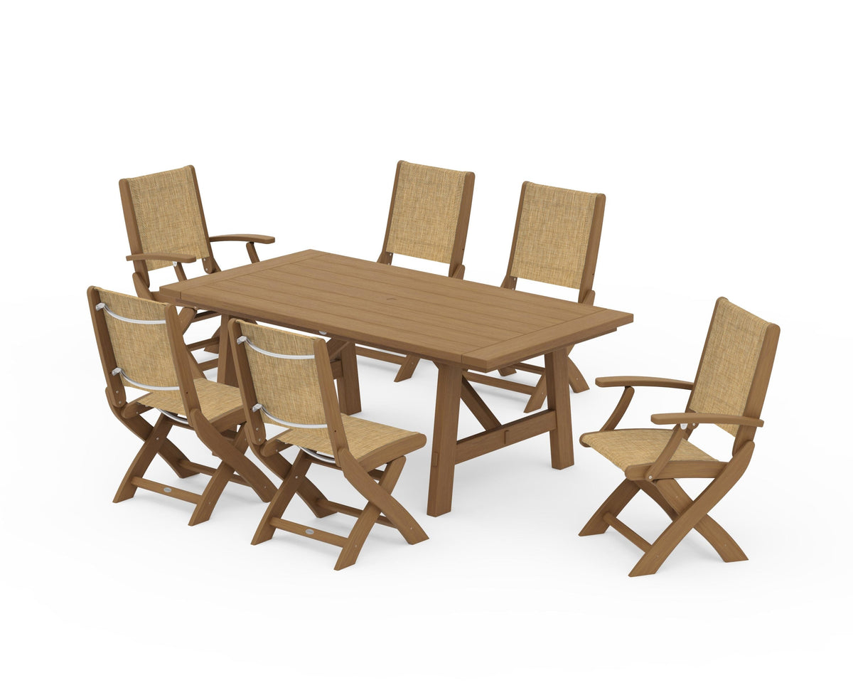 POLYWOOD Coastal Folding Chair 7-Piece Rustic Farmhouse Dining Set in Natural / Burlap