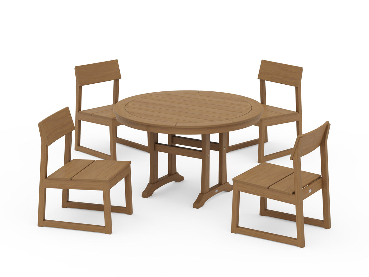 POLYWOOD EDGE Side Chair 5-Piece Round Dining Set with Trestle Legs in Natural