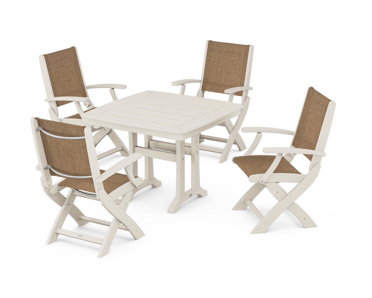 POLYWOOD Coastal Folding Chair 5-Piece Dining Set with Trestle Legs in Sand / Burlap