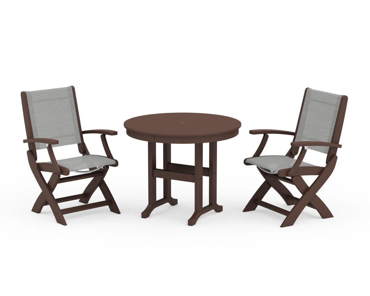 POLYWOOD Coastal Folding Chair 3-Piece Round Dining Set in Mahogany / Metallic