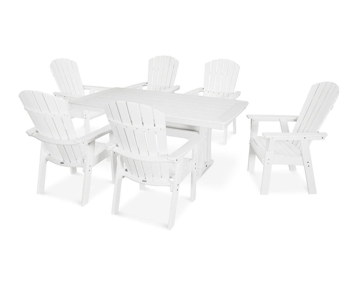 POLYWOOD Nautical Curveback Adirondack 7-Piece Dining Set with Trestle Legs in White