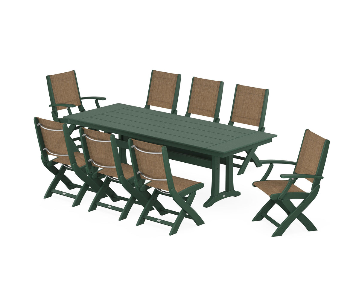 POLYWOOD Coastal 9-Piece Folding Dining Chair Farmhouse Dining Set with Trestle Legs in Green / Burlap