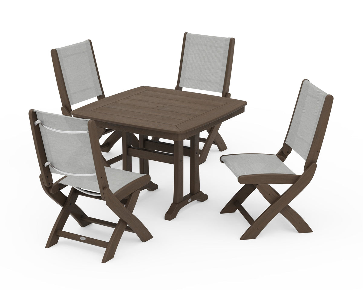 POLYWOOD Coastal Folding Side Chair 5-Piece Dining Set with Trestle Legs in Kona / Metallic