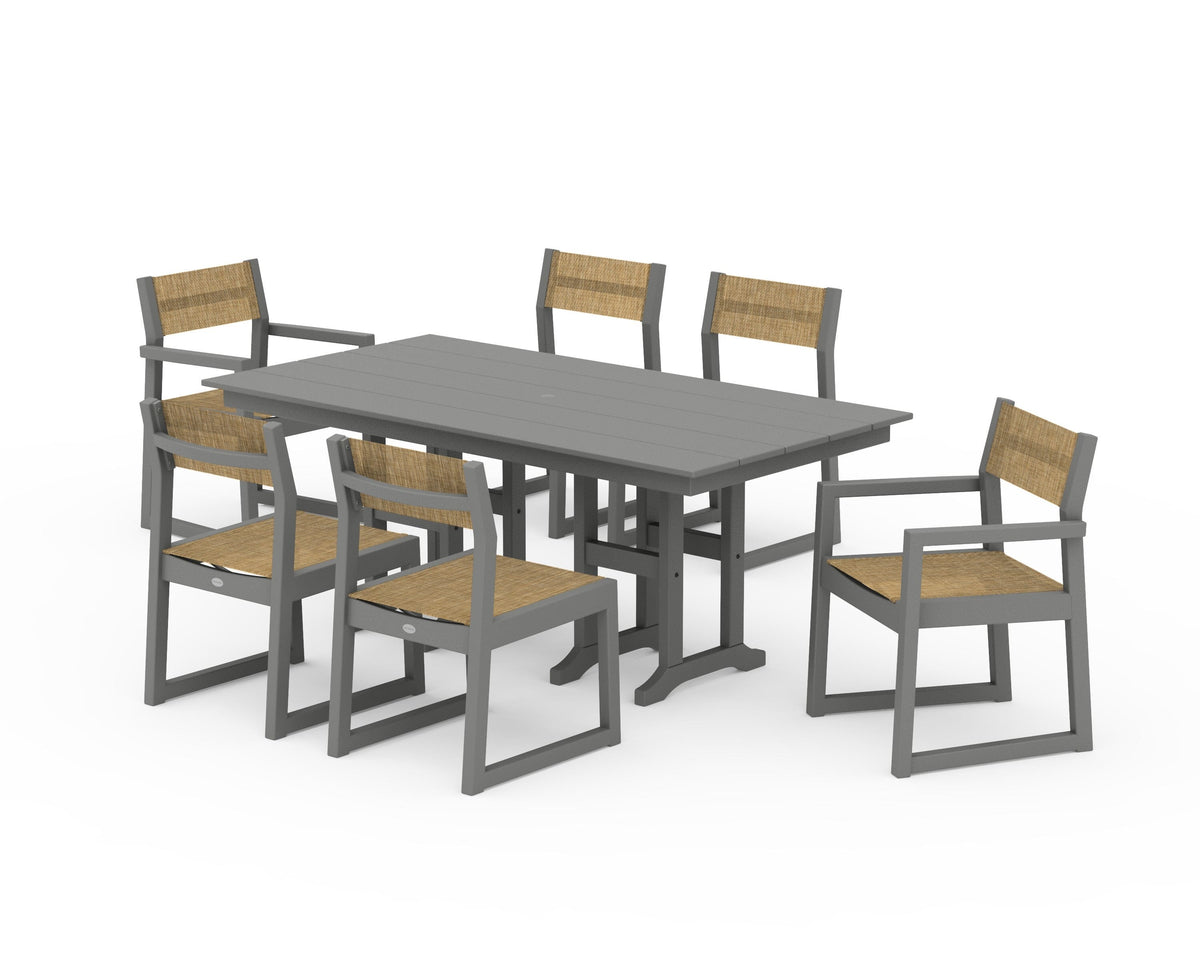 POLYWOOD EDGE Sling 7-Piece Farmhouse Dining Set in Slate Grey / Burlap