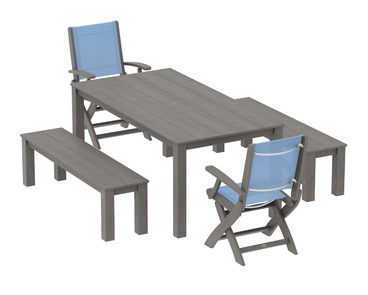 POLYWOOD Coastal Folding Chair 5-Piece Parsons Dining Set with Benches in Driftwood / Poolside