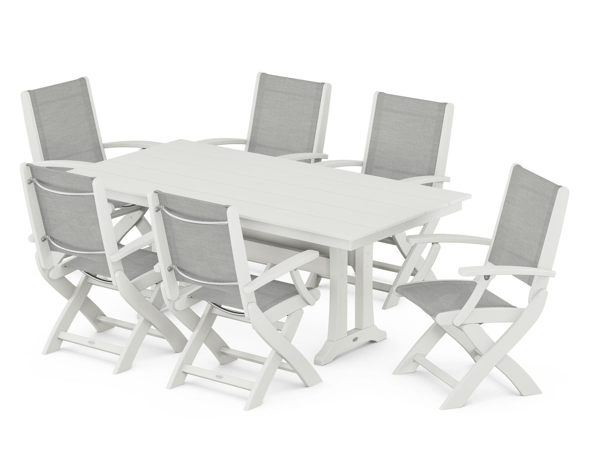 POLYWOOD Coastal Folding Arm Chair 7-Piece Farmhouse Dining Set with Trestle Legs in Vintage White / Metallic