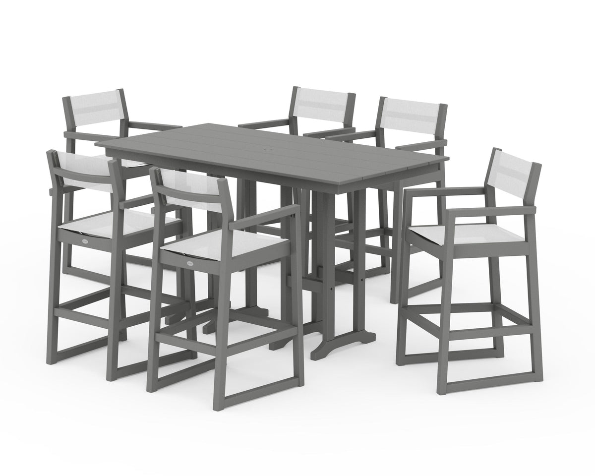 POLYWOOD EDGE Sling Arm Chair 7-Piece Farmhouse Bar Set in Slate Grey / White