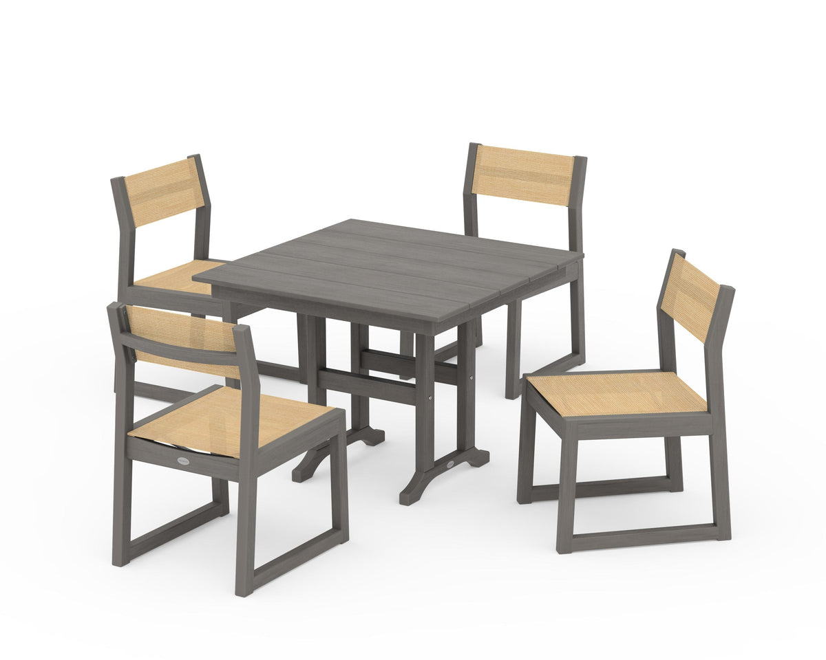 POLYWOOD EDGE Sling Side Chair 5-Piece Farmhouse Dining Set in Driftwood / Dupioni Apricot