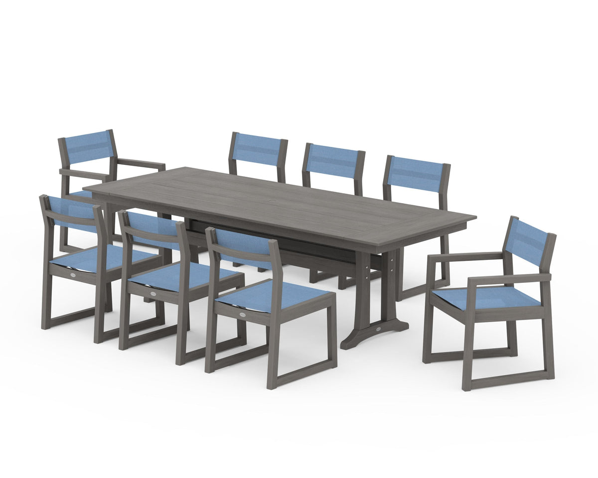 POLYWOOD EDGE Sling 9-Piece Farmhouse Trestle Dining Set in Driftwood / Poolside