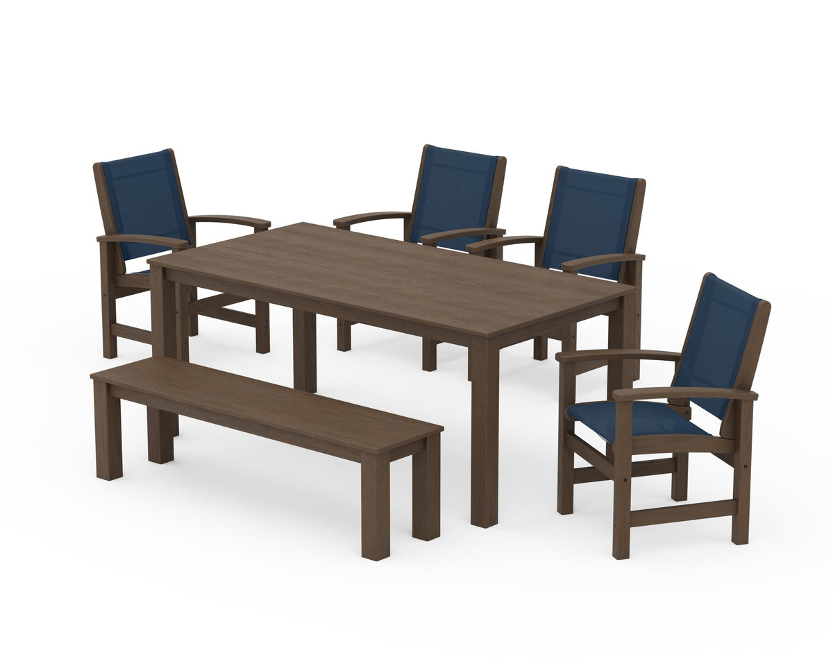 POLYWOOD Coastal 6-Piece Parsons Dining Set with Bench in Kona / Navy Blue