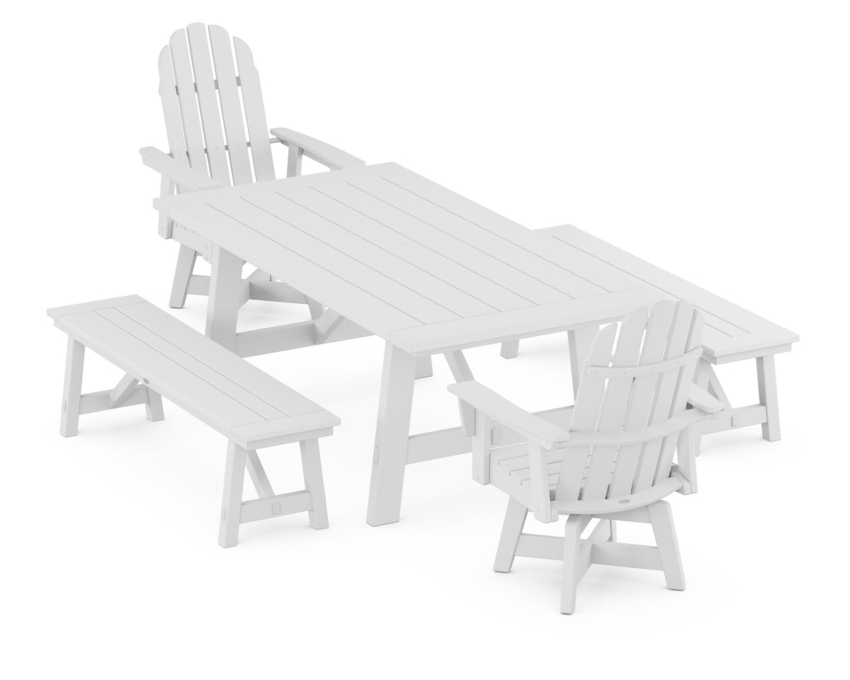 POLYWOOD Vineyard Curveback Adirondack Swivel Chair 5-Piece Rustic Farmhouse Dining Set with Benches in White