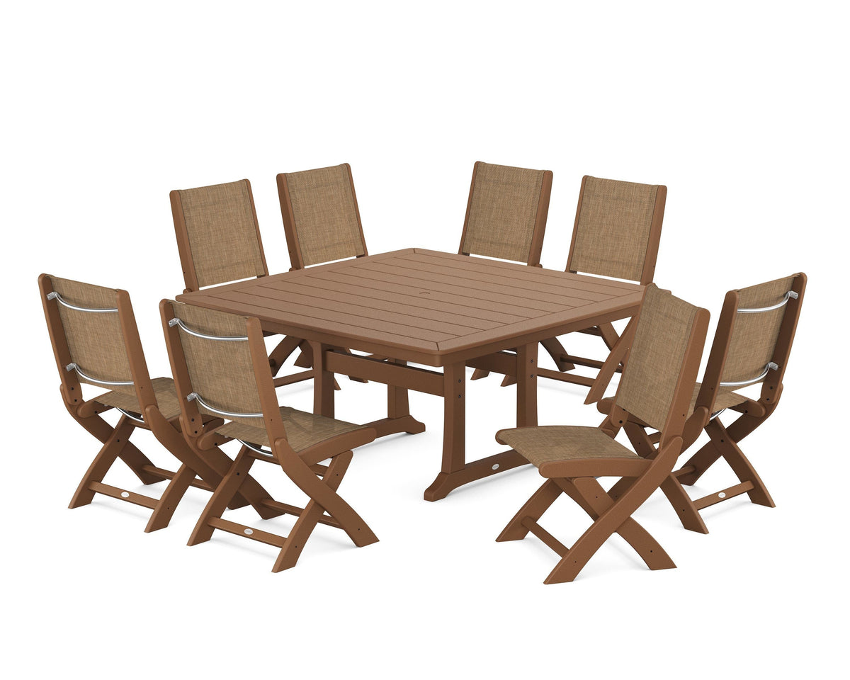 POLYWOOD Coastal Folding Side Chair 9-Piece Dining Set with Trestle Legs in Teak / Burlap