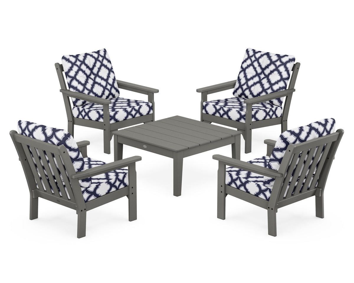 POLYWOOD Vineyard 5-Piece Deep Seating Conversation Set in Slate Grey / Trellis Navy