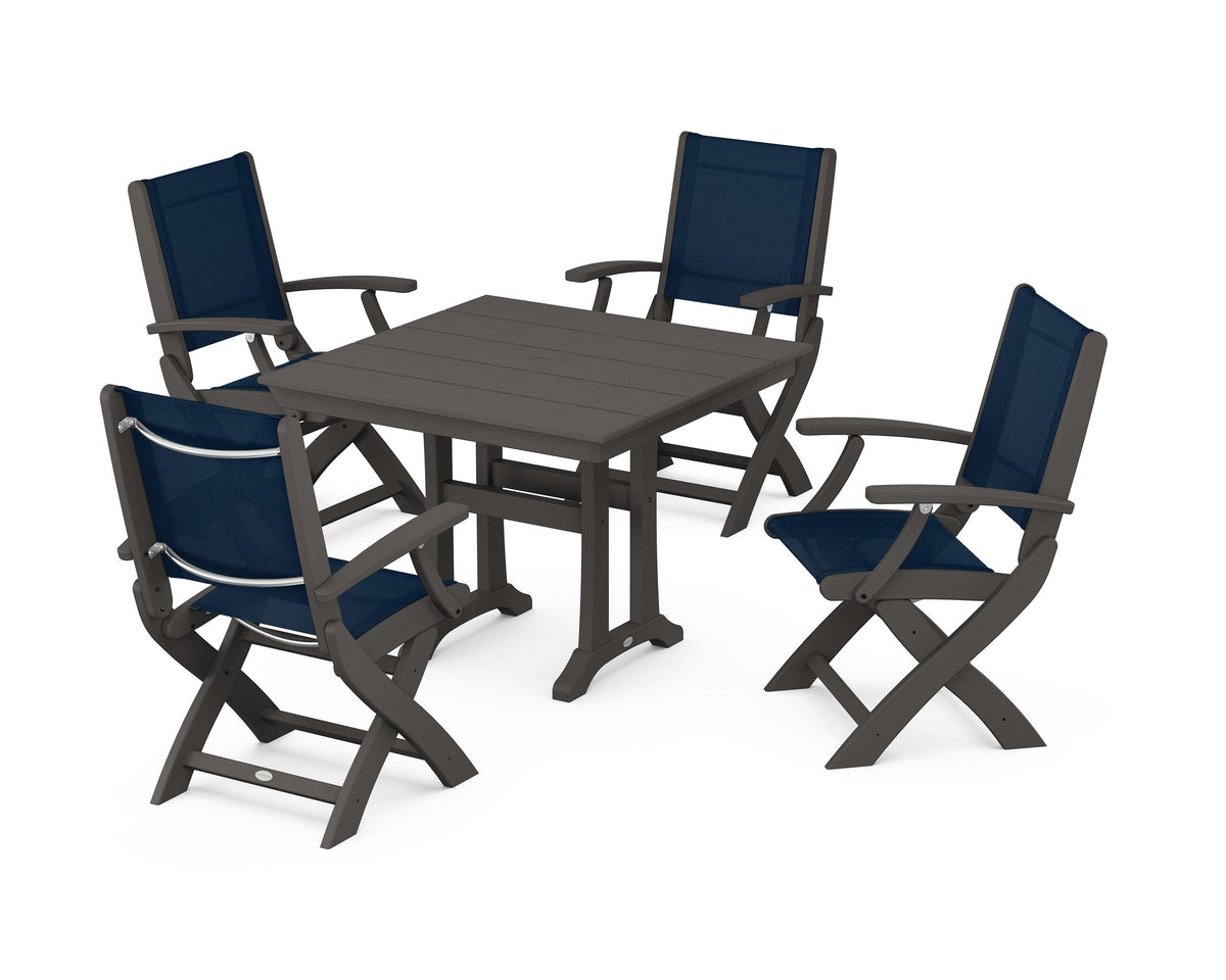 POLYWOOD Coastal Folding Chair 5-Piece Farmhouse Dining Set With Trestle Legs in Vintage Coffee / Navy Blue