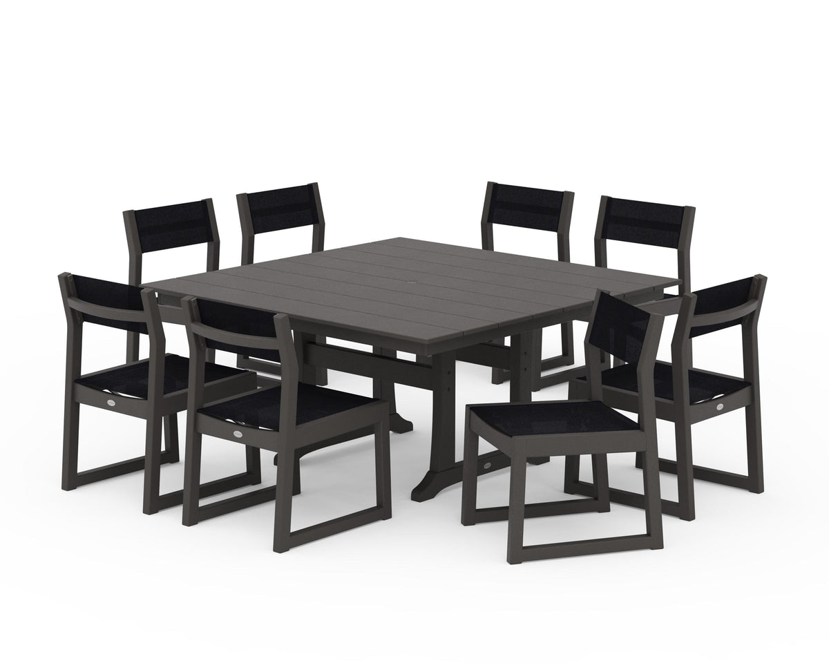 POLYWOOD EDGE Sling Side Chair 9-Piece Farmhouse Trestle Dining Set in Vintage Coffee / Black