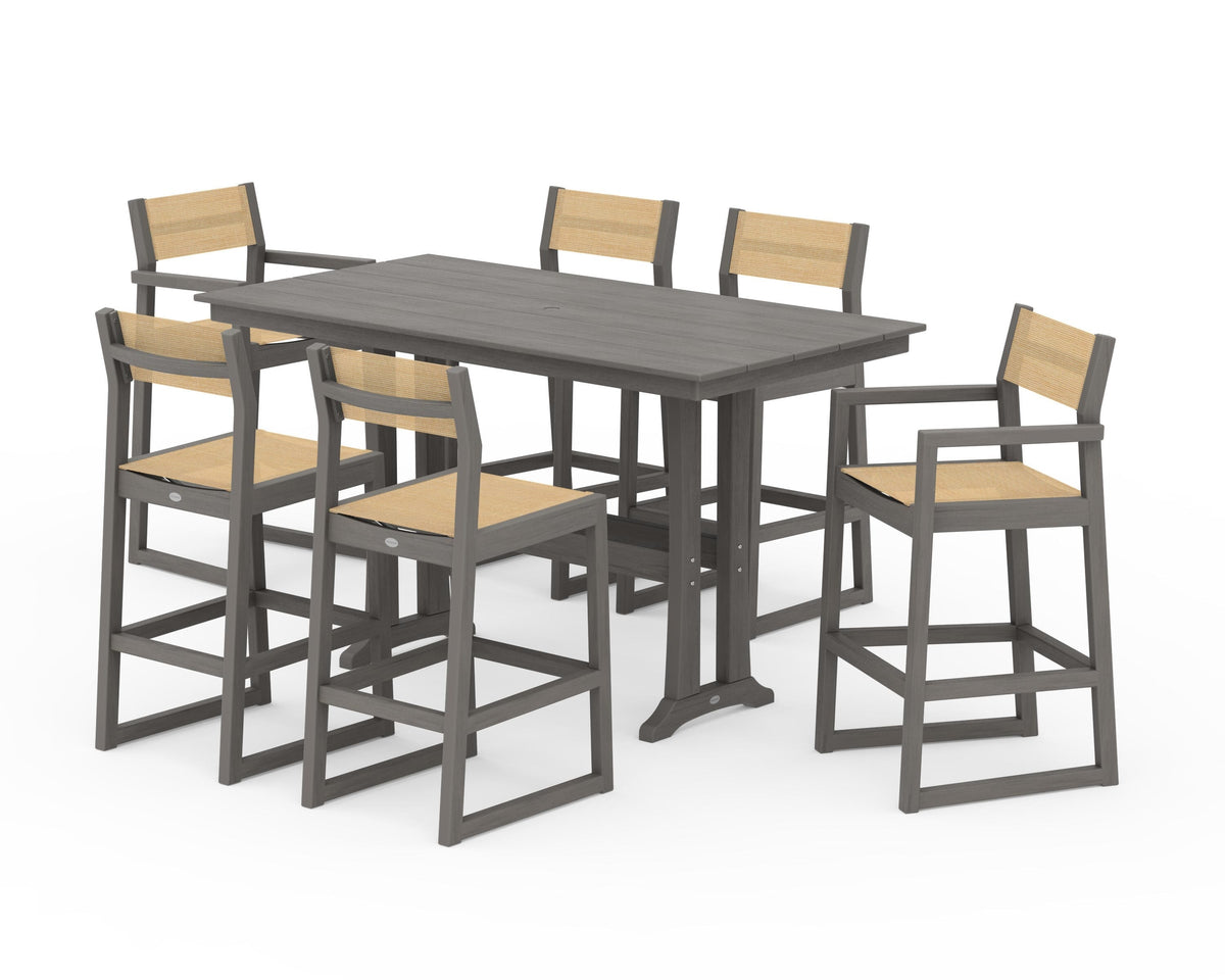 POLYWOOD EDGE Sling 7-Piece Farmhouse Bar Set with Trestle Legs in Driftwood / Dupioni Apricot