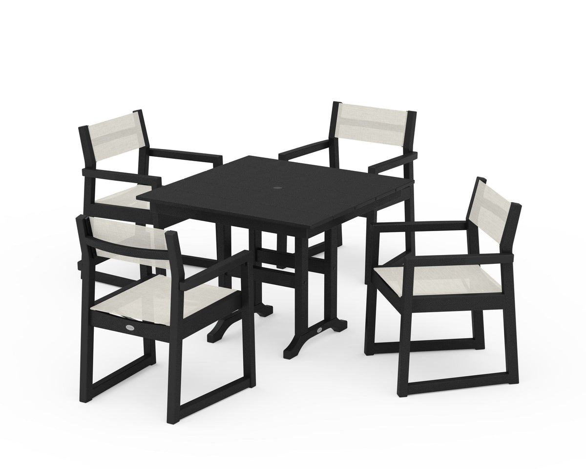 POLYWOOD EDGE Sling Arm Chair 5-Piece Farmhouse Dining Set in Black / Parchment
