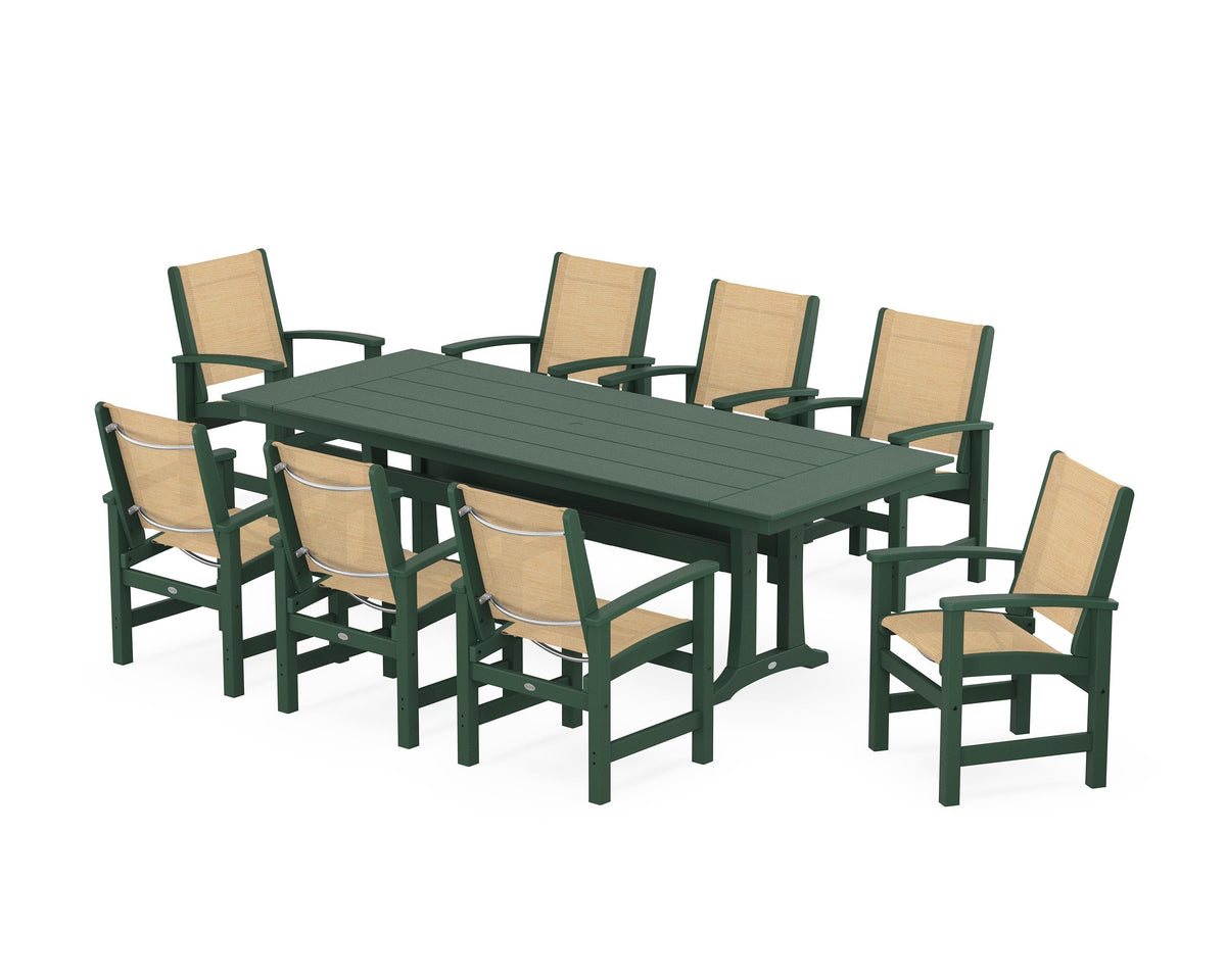 POLYWOOD Coastal 9-Piece Farmhouse Dining Set with Trestle Legs in Green / Dupioni Apricot
