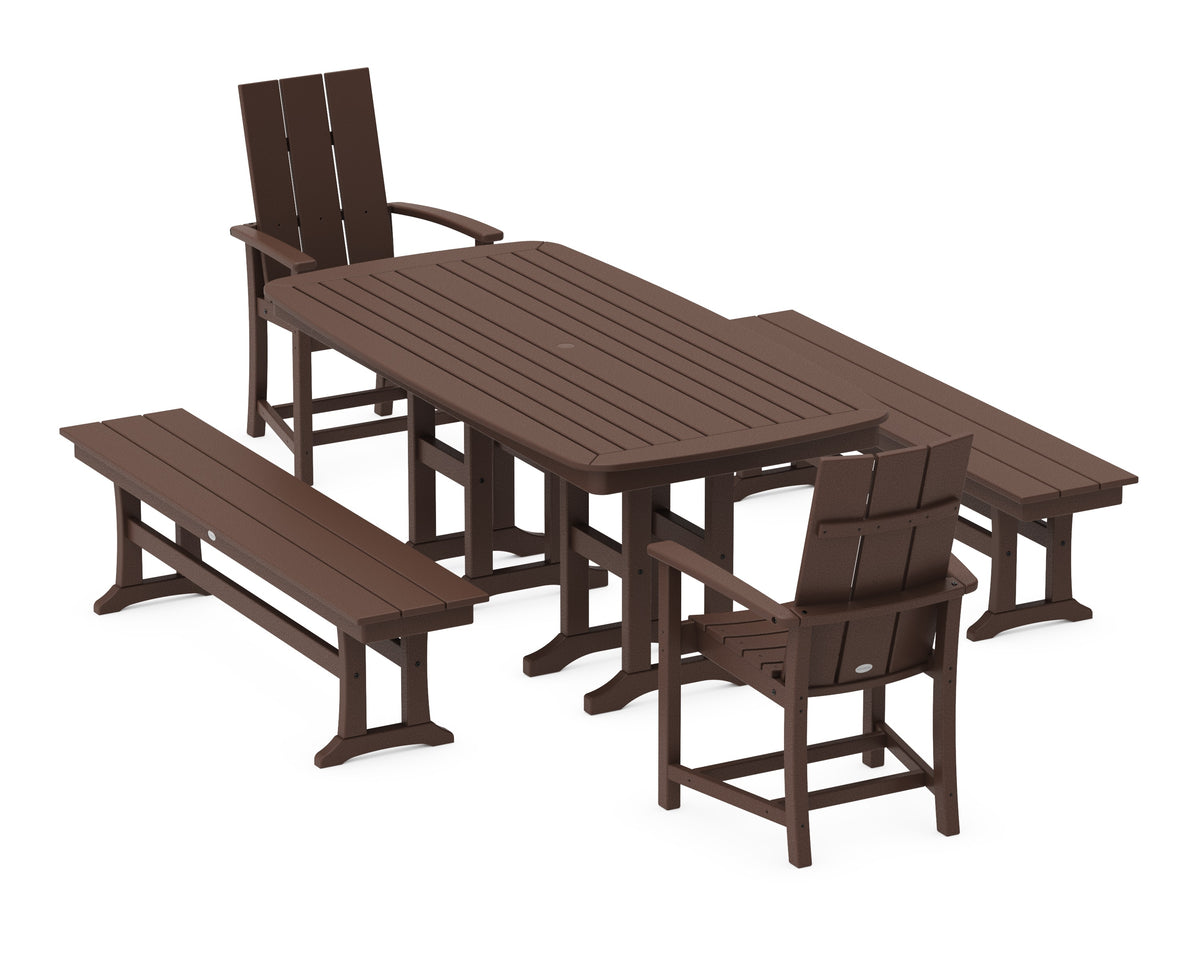 POLYWOOD Modern Adirondack 5-Piece Nautical Dining Set with Benches in Mahogany